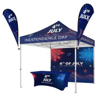Promotional 10x10 canopy tent with logo, full back wall, and double-sided flags for events