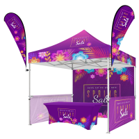 Premium 10x10 trade show canopy tent with 40mm aluminum frame, dual flags, half & back walls, fitted table cover