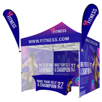 Event-ready 10x10 pop up tent with full walls, dual flags, table cover, and sturdy 40mm aluminum frame