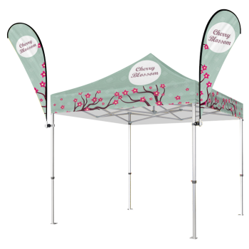 Premium 10x10 Custom Printed Canopy Tent with 40mm Aluminum Frame and 2 Double-Sided 9ft Flags, Waterproof 600D Polyester Canopy, Full-Color Dye Sublimation Printing for Trade Shows and Outdoor Events