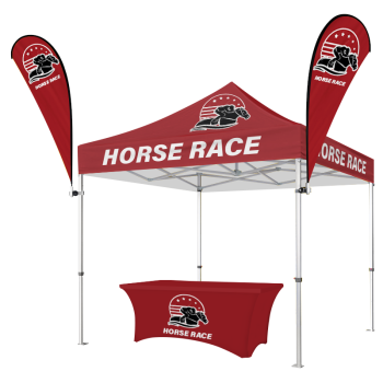 Premium 10x10 personalized pop up tent with 40mm aluminum frame, dual 9ft flags, and 6ft fitted table cover