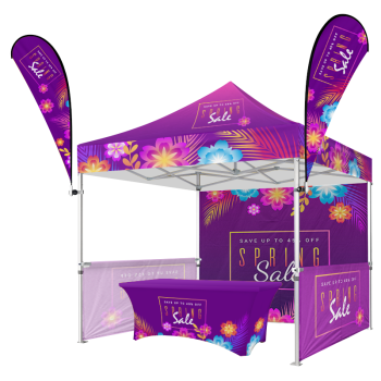 Premium 10x10 trade show canopy tent with 40mm aluminum frame, dual flags, half & back walls, fitted table cover