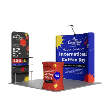 10x10 trade show backdrop ideas with branded wall display, display shelf & TV rack, and counter for product promotion.
