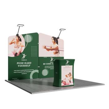 10x10ft Trade Show Booth Kit with Two Fabric Display Stands, Square Counter table & LED Lights