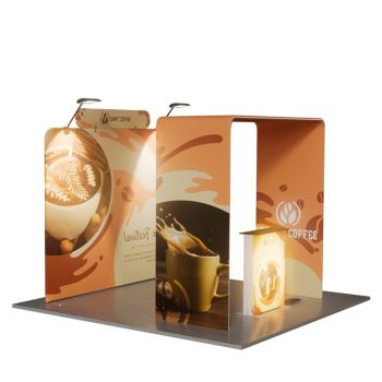 Pop up trade show booth with SEG illuminated counter display
