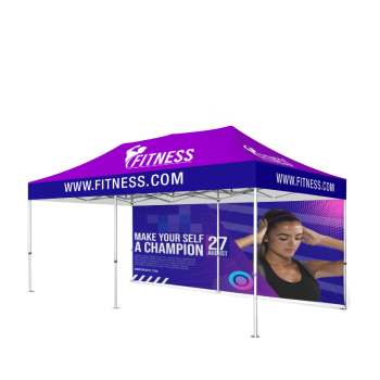 10x20 heavy duty pop up canopy tent with custom printed top and full back wall for outdoor events and brand promotions