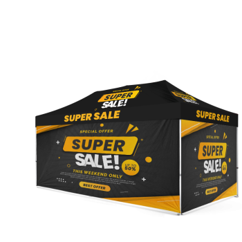 Custom 10x20 pop up canopy tent with printed top and four full walls, ideal for trade shows, outdoor events, and brand promotions