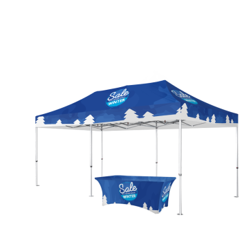 10x20 pop up canopy with custom printed top and matching table cover, ideal for trade shows, events, and promotions