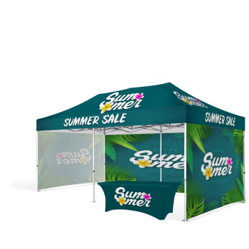 Custom 10x20 pop up canopy with printed top, three full back walls, and table cover for outdoor events and brand promotions