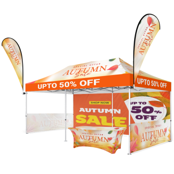 canopy 10 x 20 with Top & Back Wall & Two Half Walls & Two Flag & Table Cover