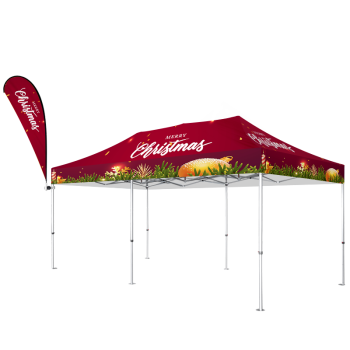 10x20 canopy tent with custom printed top and flag, ideal for outdoor events, trade shows, and brand promotions