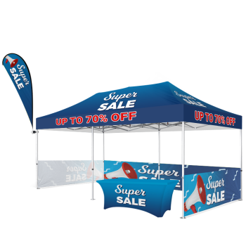 10x20 canopy with custom printed top, three half walls, flag, and table cover for outdoor events and brand promotion