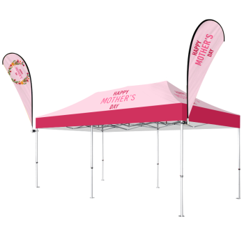 10x20 canopy tent with custom printed top and two flags, perfect for outdoor events, trade shows, and brand promotions