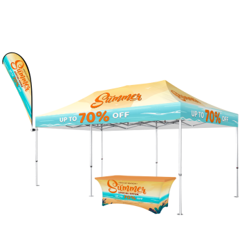 10x20 pop up tent with custom printed top, table cover, and flag, perfect for trade shows, markets, and outdoor events