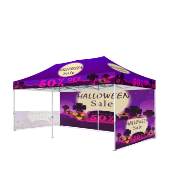 10x20 canopy tent with custom printed top, full back wall, and two half side walls for outdoor events and brand visibility