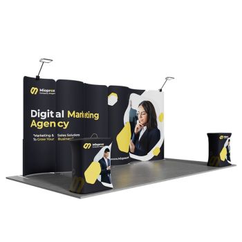 10x20ft Booth Design Exhibition with Curved Fabric Banner Stand, Square Popup Booth & LED Lights