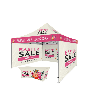 Custom 13x13 canopy tent with full printed top, three full side walls, and branded table cover for trade shows and outdoor events