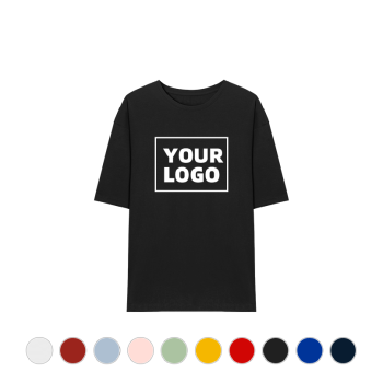 Adult Round Neck Tee-Off-Set Print, Black, Your Logo Mockup Red, Blue, White Swatches Display
