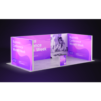 Backlit display trade show with LED backlit, two-side LED display, and counter table