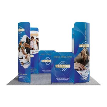 Front-facing exhibition booth setup with curved panels and side displays
