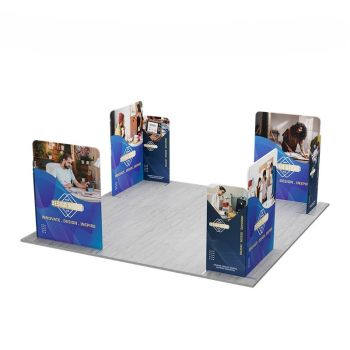 L-shaped exhibition booth with branded graphic panels on gray floor