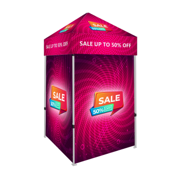 5x5 small canopy tent with one back wall and three fully printed side walls, durable frame, water-resistant fabric, ideal for trade shows and outdoor events.