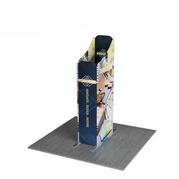 Tall rectangular booth tower with side graphics on gray flooring