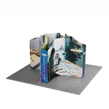Curved modular exhibition booth with full printed fabric graphics on gray floor