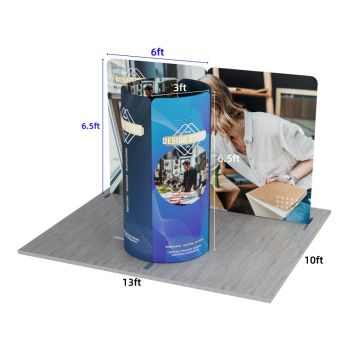 Island booth setup with multi-panel branded graphics on gray floor