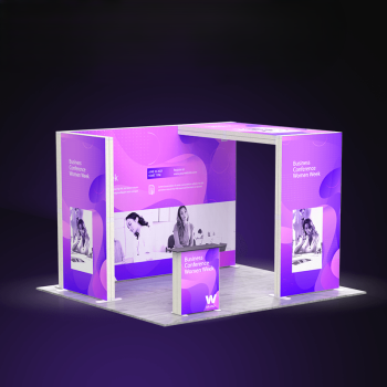 Modular tradeshow booths with SEG Backlit, Side panel, L-shaped SEG booth & Counter table