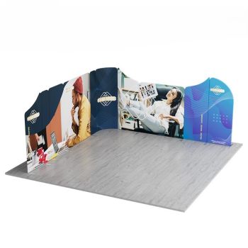 Curved modular trade show booth with full graphic backdrop and flooring panels
