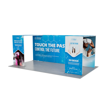 Trade Show Booth with SEG Frame showcasing blue graphics and modular setup.