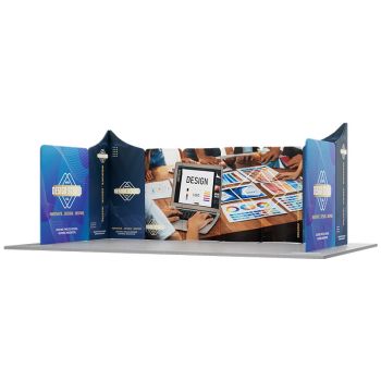 Straight modular booth display with wide printed fabric graphics on gray floor