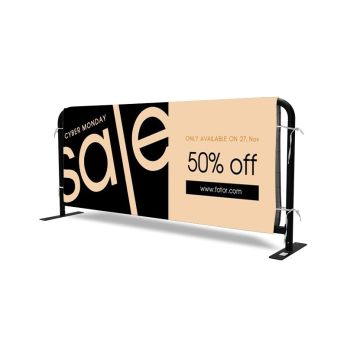 Custom barricade jacket advertising banner on metal crowd barrier frame