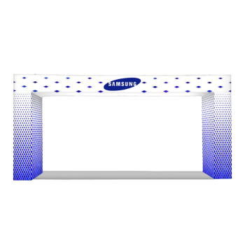 large rectangular arch display with blue gradient fabric graphic for events