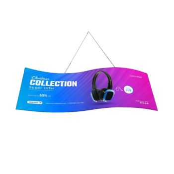 S-Curve hanging sign with custom printed graphics for trade show display