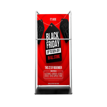 3ft x 7ft tension display rack with red Black Friday graphic and hanging rail, front view.