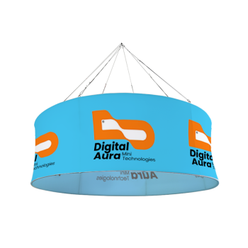 Large circle hanging sign with tension fabric graphic and suspension cables, front view.