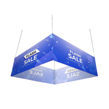 Square hanging sign with custom printed graphics for trade show displays