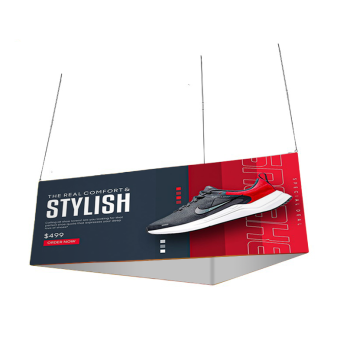 Triangle hanging banner with custom printed graphics for trade showsn