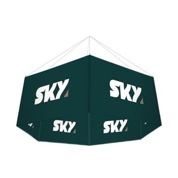 Hexagon hanging sign with custom printed graphics for trade show booth display