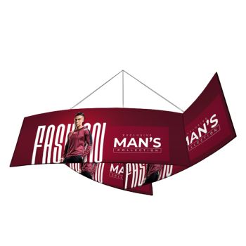 Three-sided pinwheel shaped hanging sign with custom printed fabric graphics for trade show display