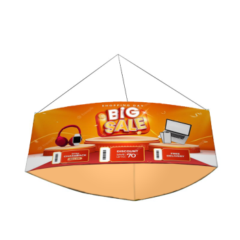 Curved triangle hanging sign with custom printed graphics for trade show display