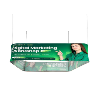 Square hanging sign with rounded corners and custom printed fabric graphics