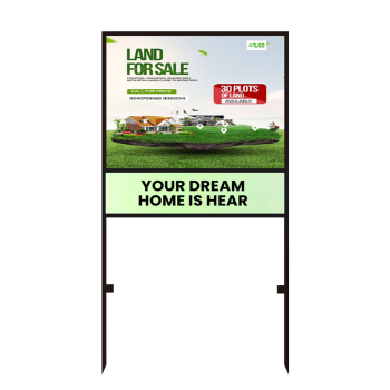 Heavy-duty black steel real estate frame with 18x24 double-sided sign and optional 6x24 rider, durable outdoor property signage