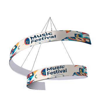 Spiral hanging sign with custom printed fabric graphic for trade shows