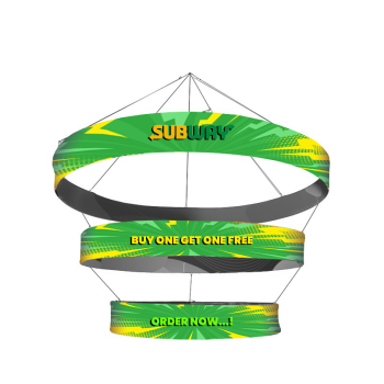Tiered circle hanging sign with purple custom printed fabric graphic for events
