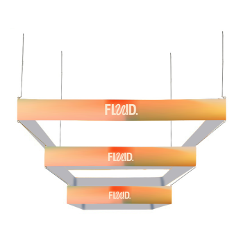 Tiered square hanging sign with custom printed graphics for trade show displays