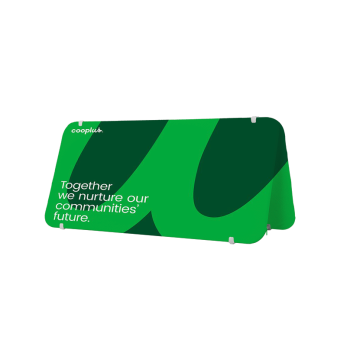 outdoor a-frame banner stand with green promotional graphic
