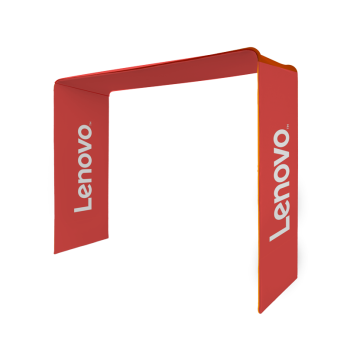 square arch display with red branded fabric graphic for event marketing